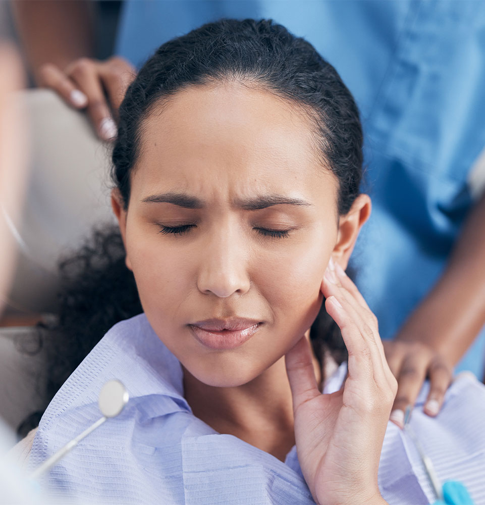 woman and pain at dentist for consultation with discussion, problem and tooth injury for medical dental treatment